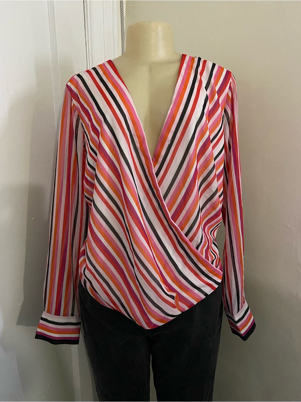 DKNY Striped Wrap Blouse in Pink, Orange, White & Black
